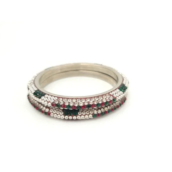Vintage Bangle Bracelets 2pc Red & Green Rhinestones White Beads Holiday Jewelry - Picture 3 of 6